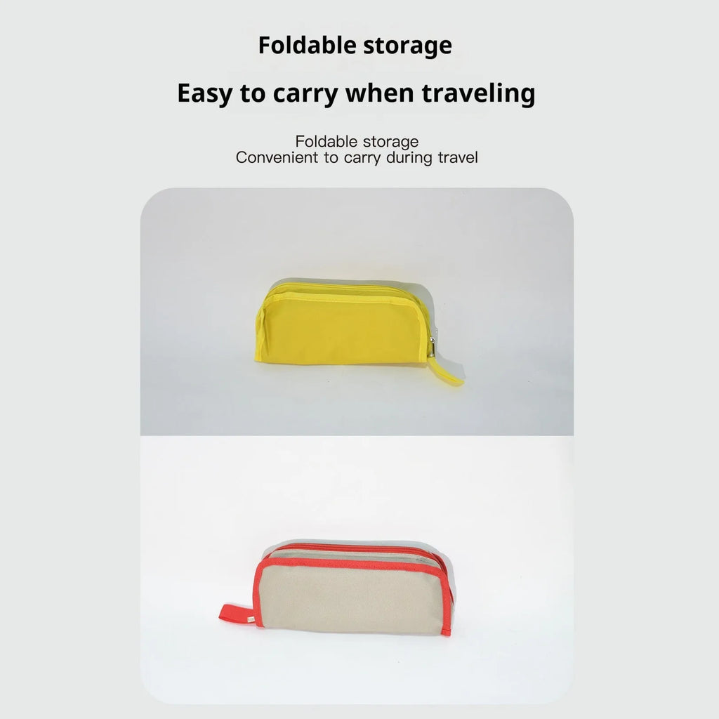Lightweight foldable outdoor camp stool in khaki colour, shown in folded and unfolded positions.