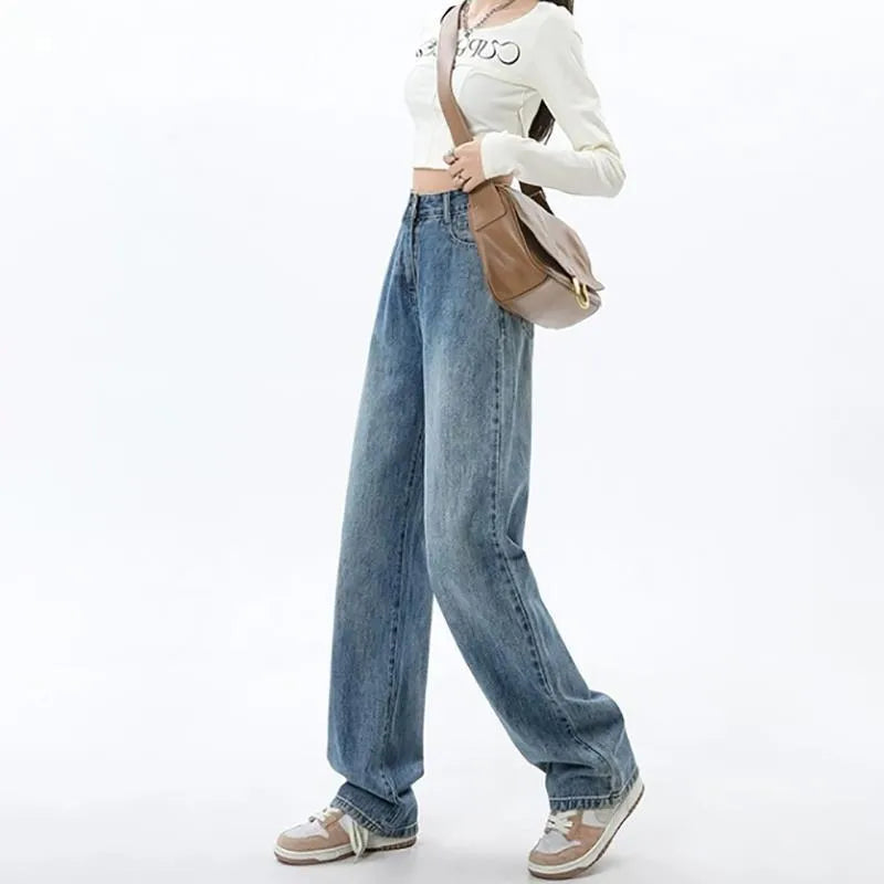 Retro blue high-waist wide-leg jeans for women on a hanger.