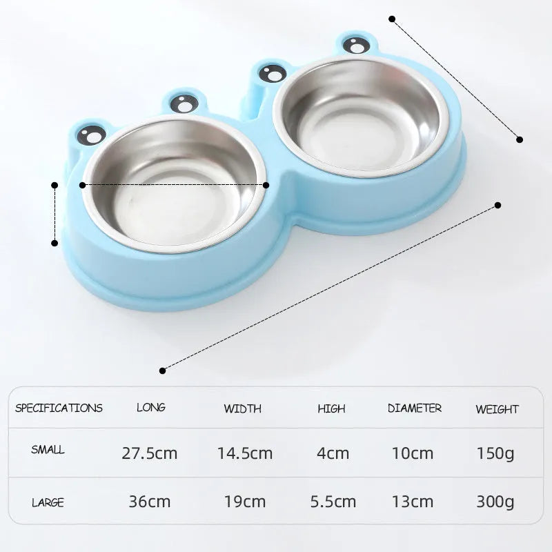 Stainless steel frog design pet bowl with separate food and water compartments in blue, green, and pink colour options