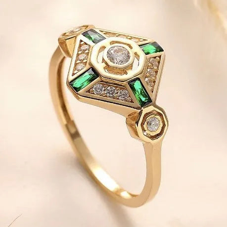 Women's geometric square ring with green zircon stones in Ins style design