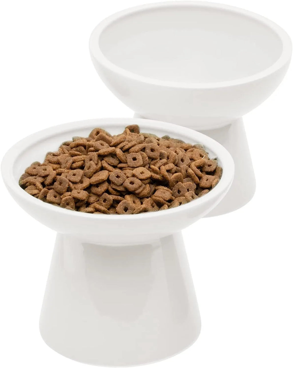 Blue ceramic elevated cat bowl with wide shallow design for food or water