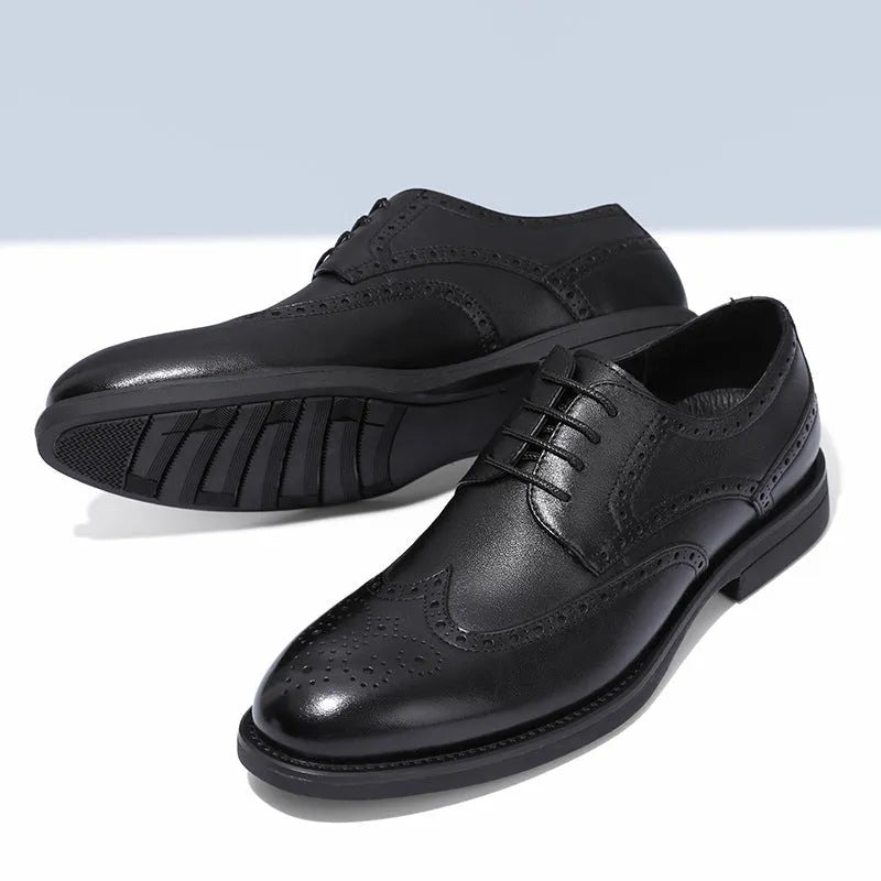 Men's black and brown brogue leather shoes with traditional perforated detailing for business wear