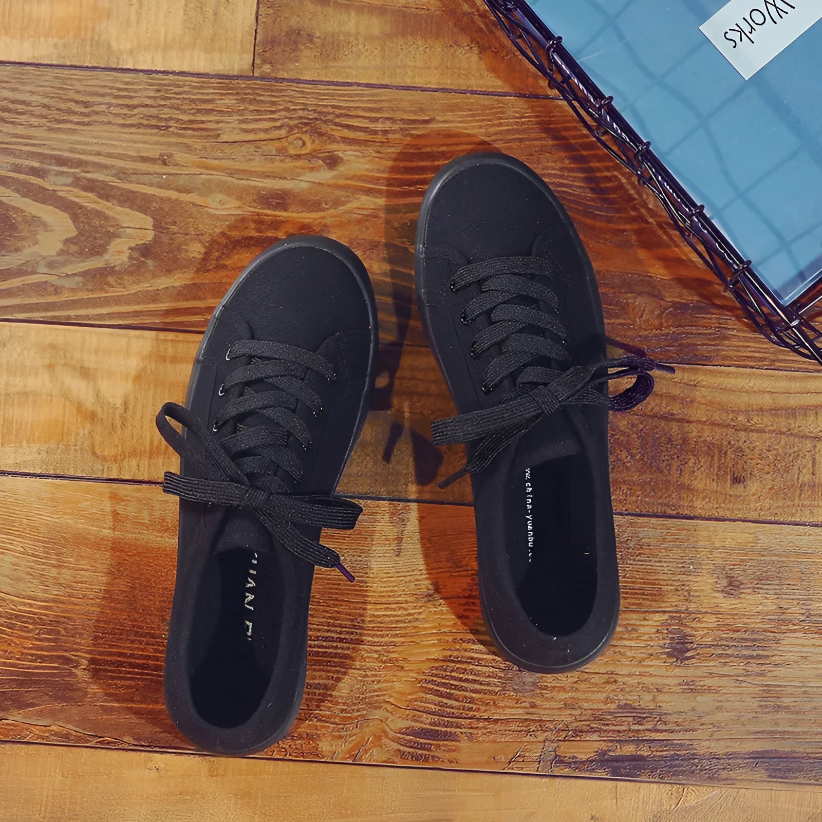 Korean style all black women's flat canvas work shoes with lace-up front