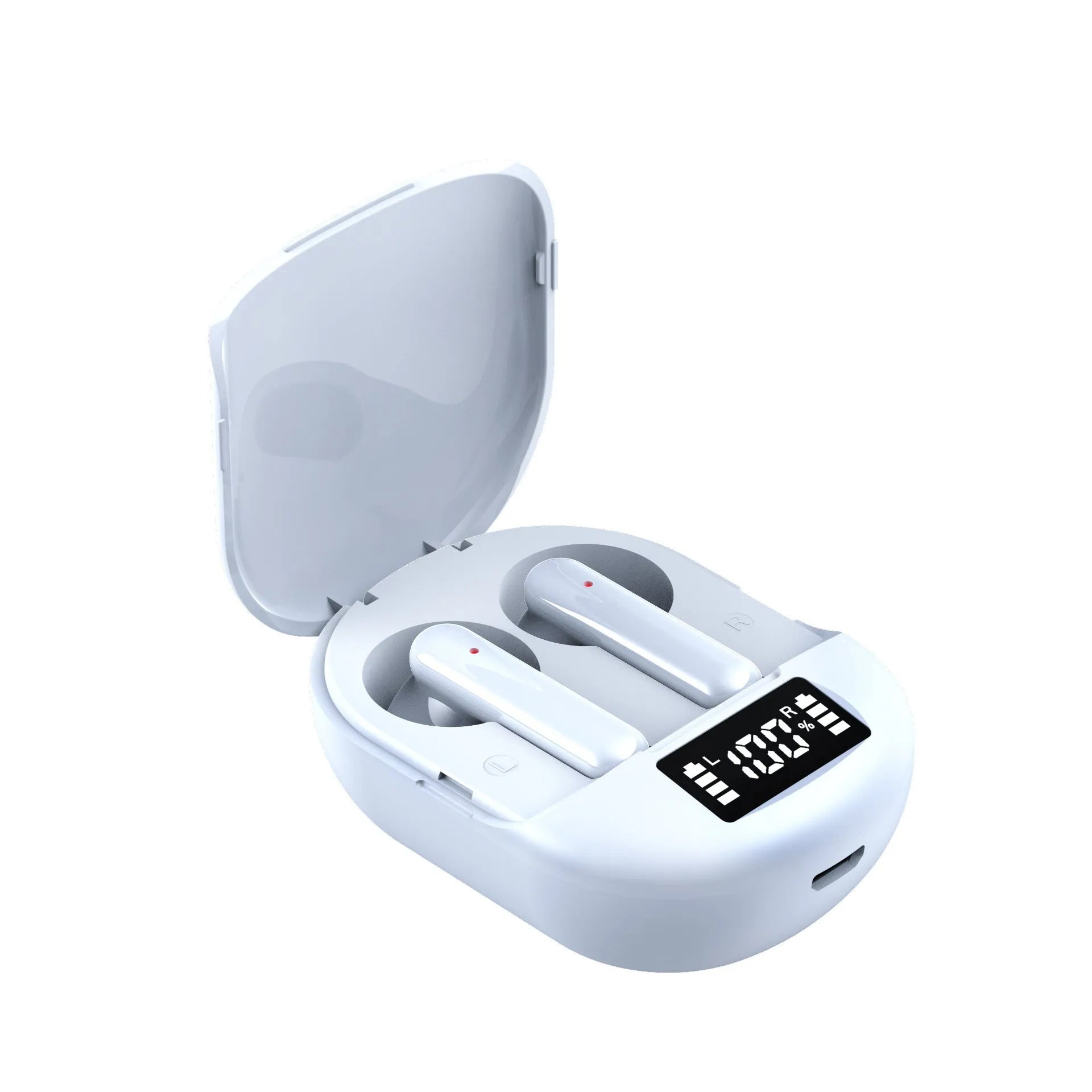 Black and white wireless Bluetooth headset with charging case showing digital display screen