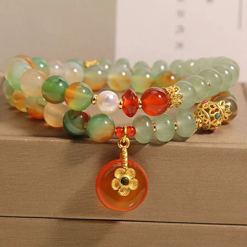 Peacock green agate double ring bracelet for women with alloy safety buckle pendant and rhinestones