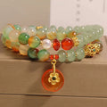 Peacock green agate double ring bracelet for women with alloy safety buckle pendant and rhinestones