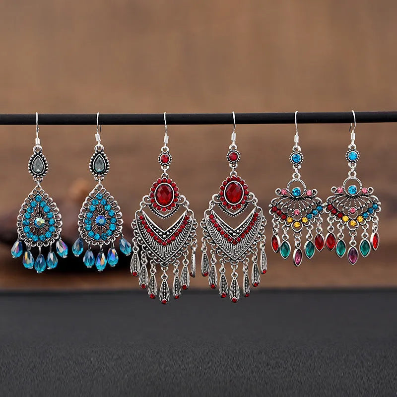 Purple retro crystal long fringe drop earrings with alloy ethnic style design