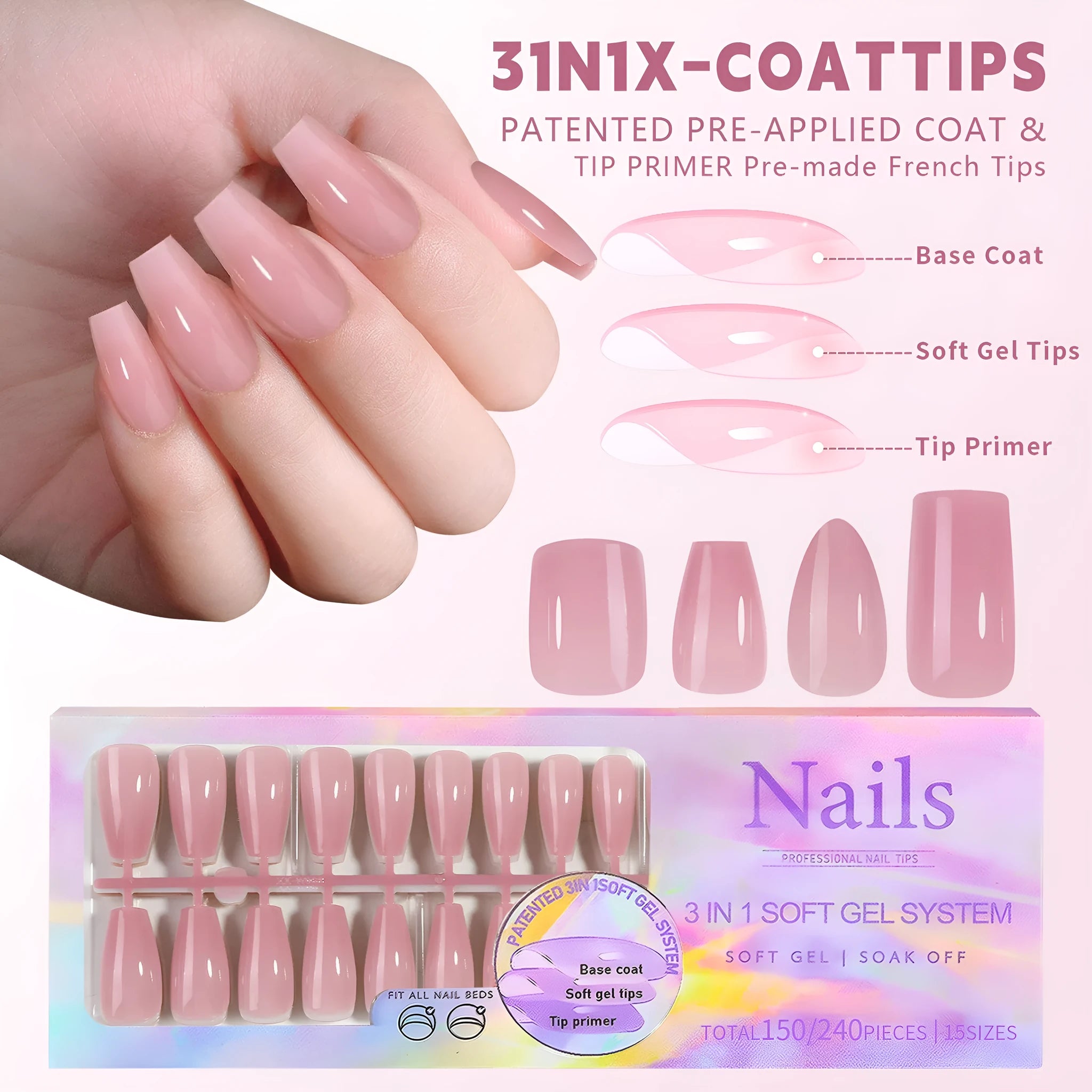Box of nude seamless removable nail stickers showing eight colour shades for women.