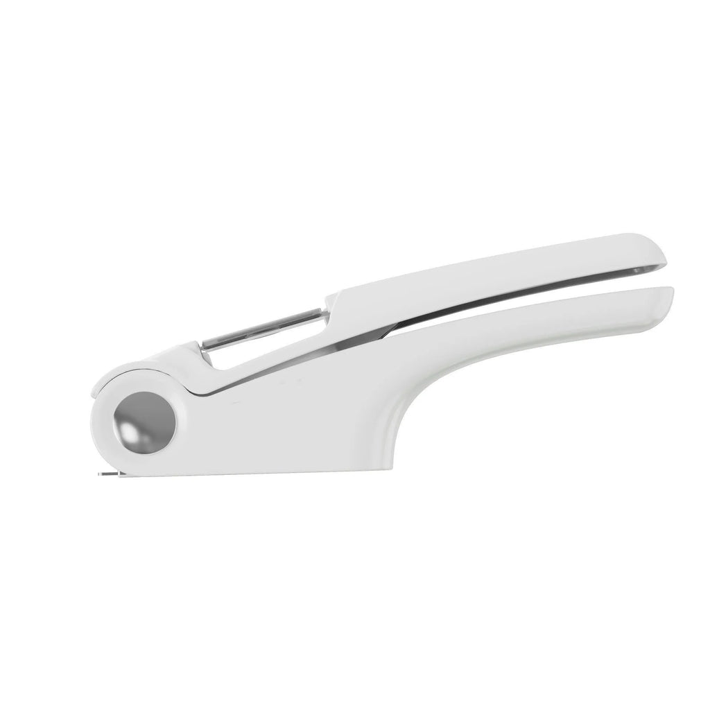 Manual garlic press kitchen tool in white colour with stainless steel components measuring 22cm