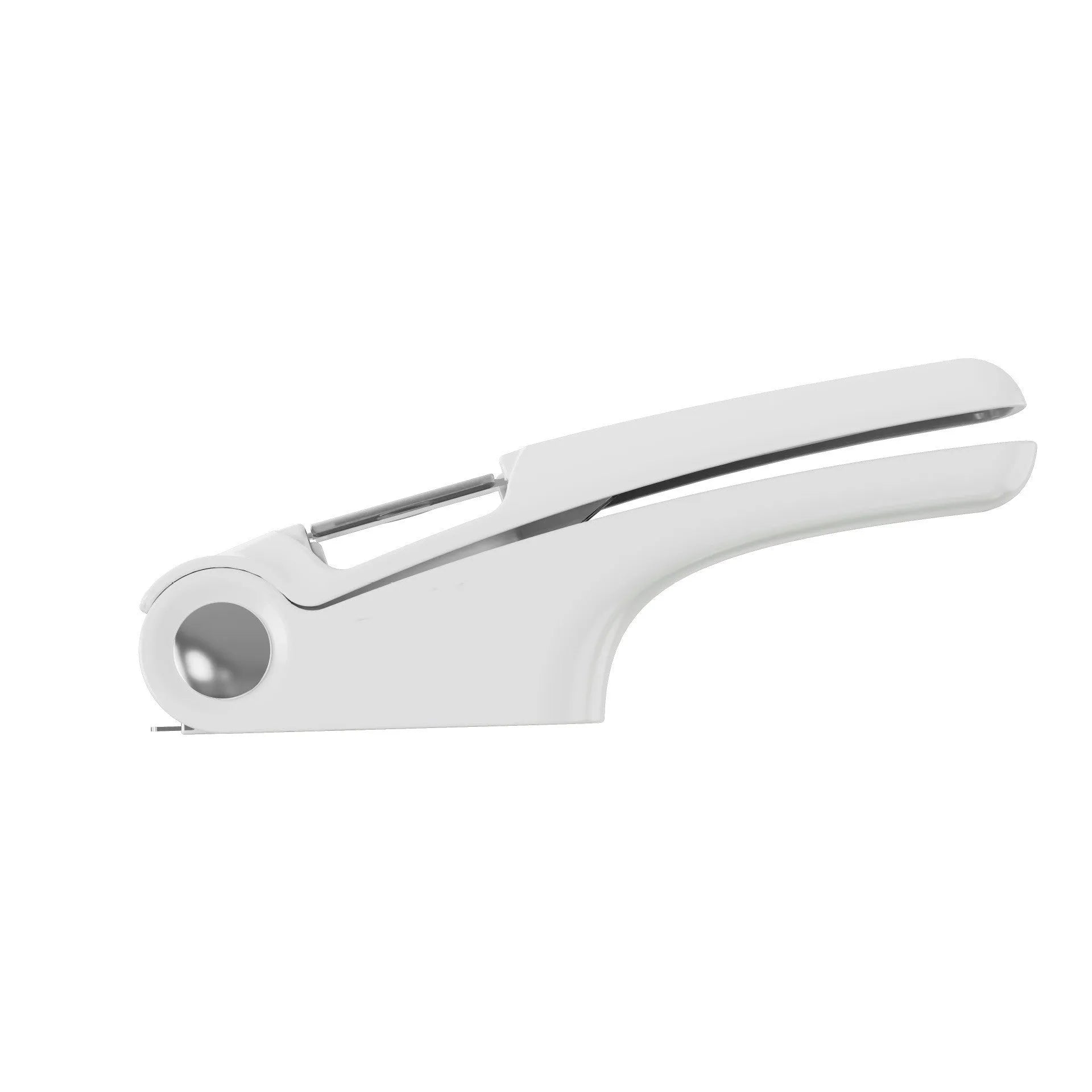Manual garlic press kitchen tool in white colour with stainless steel components measuring 22cm