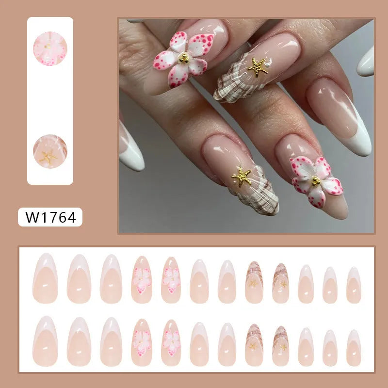 French style fake nails with rock pattern patch and W1764 simple flower design artificial nails
