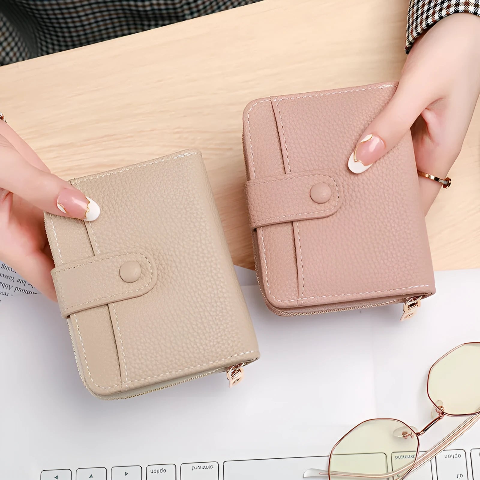 Women's lychee pattern short wallet in PU leather, shown in beige, pink, black, and red colour options.