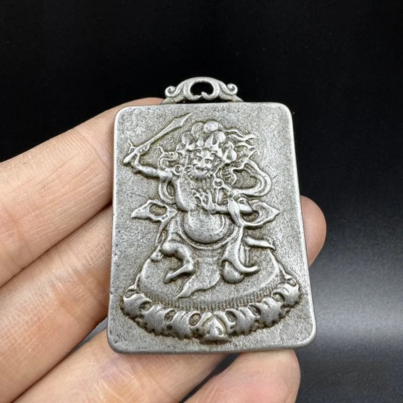 Iron geometric Chinese style hanging pendant ornament with Aryaacalanatha Yamantaka deity centrepiece