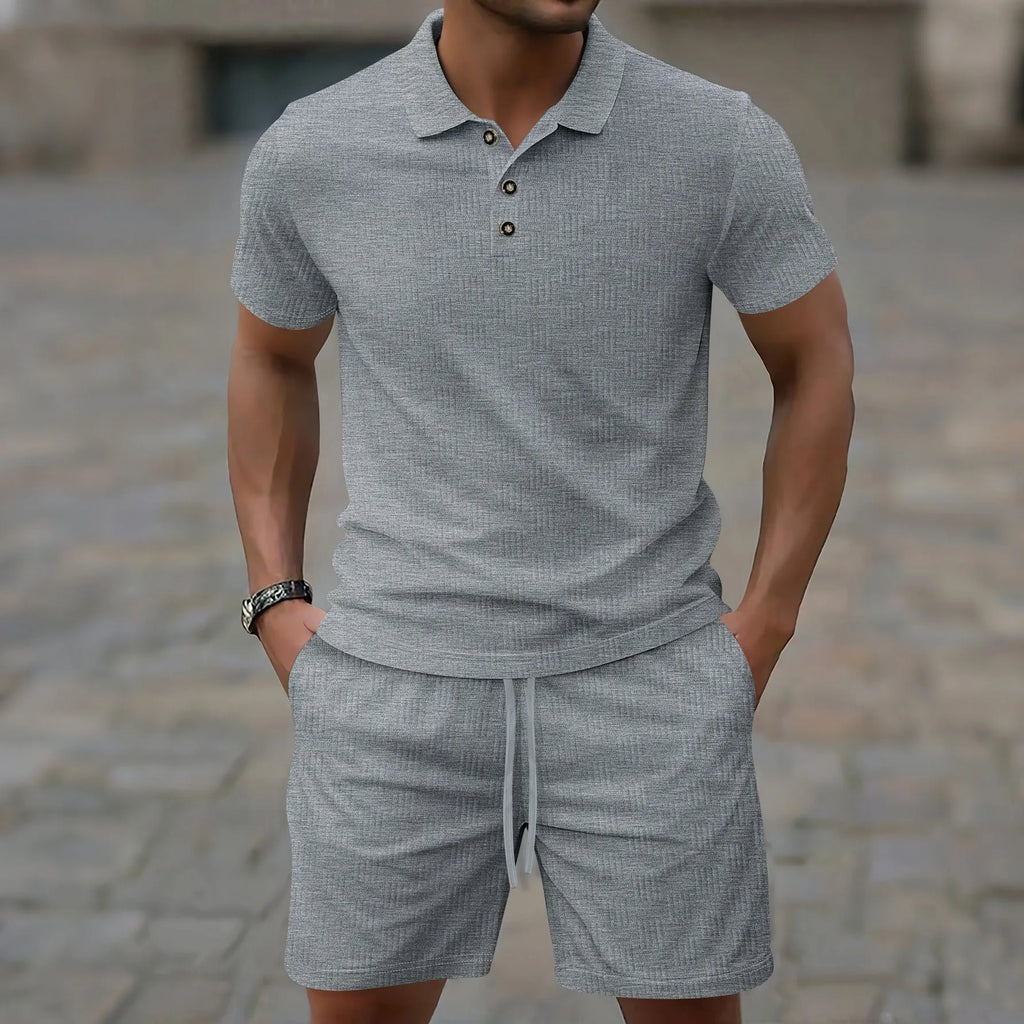 Men's jacquard casual short sleeve suit set with matching shorts in solid colour