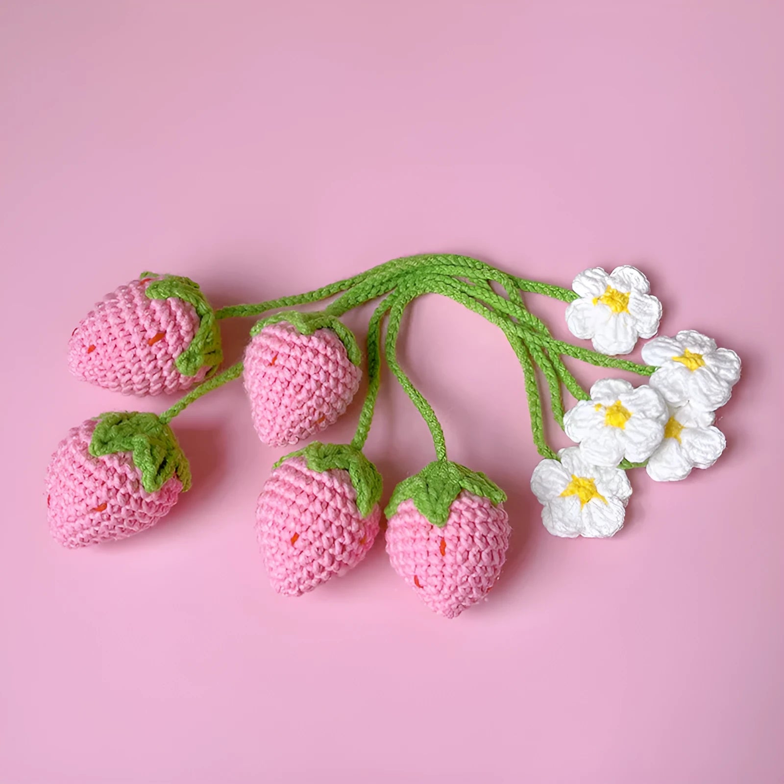 Handmade wool crochet woven strawberry pendant with 35cm length in red or pink colour