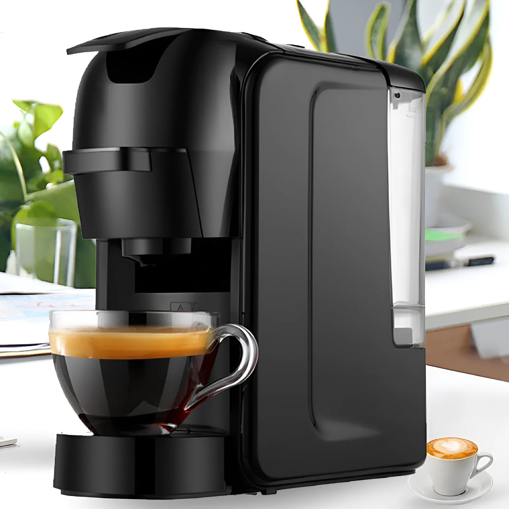 Black semi-automatic Italian style pump coffee machine with 600ml tank and ABS body on a kitchen countertop