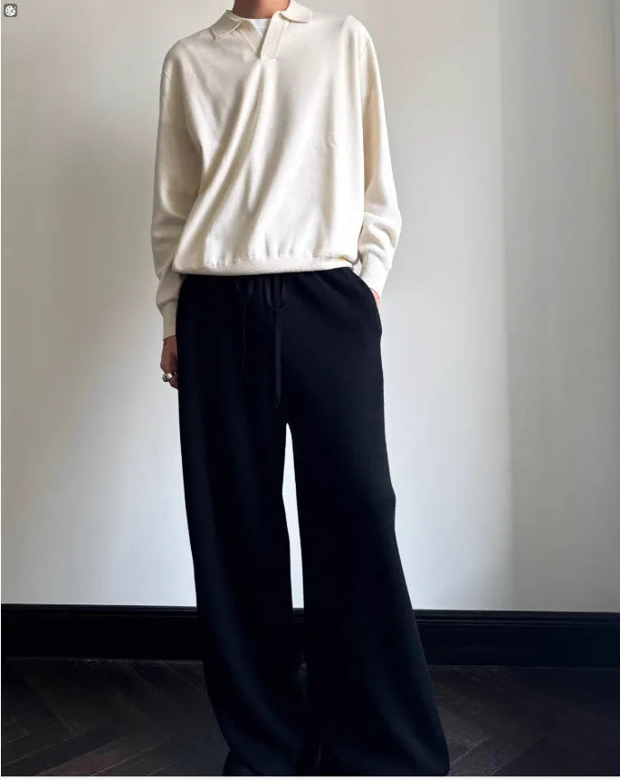 Pure wool loose fit lapel collar polo sweater in milky white or navy blue.