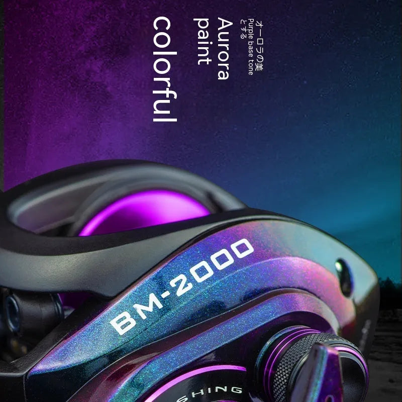 BM2000 fishing reel with water drop design and magnetic brake system, showing left-hand and right-hand model options.