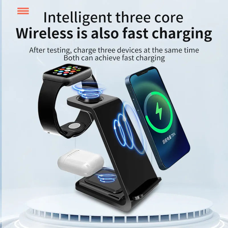 White upright 3-in-1 wireless charging stand holding a mobile phone in portrait orientation.