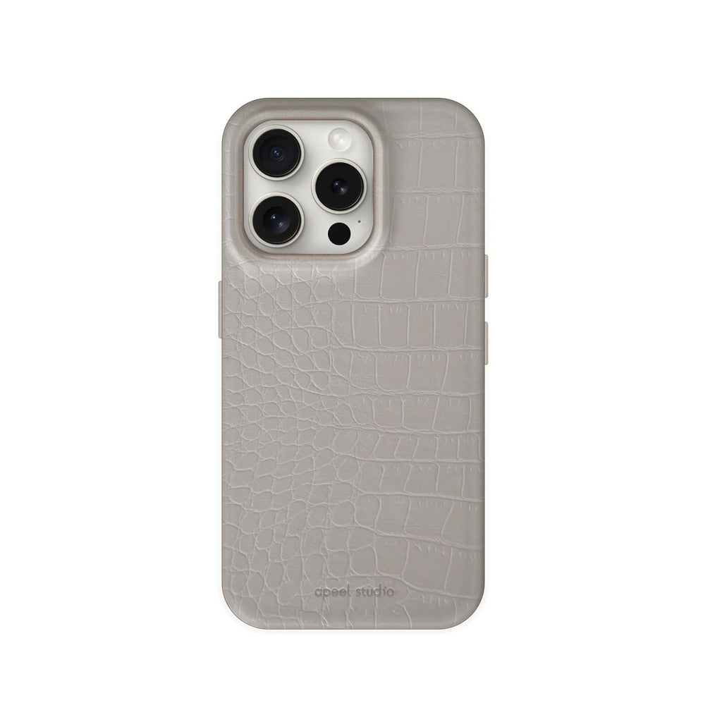 Cream grey patterned faux leather phone case with anti drop protection for iPhone