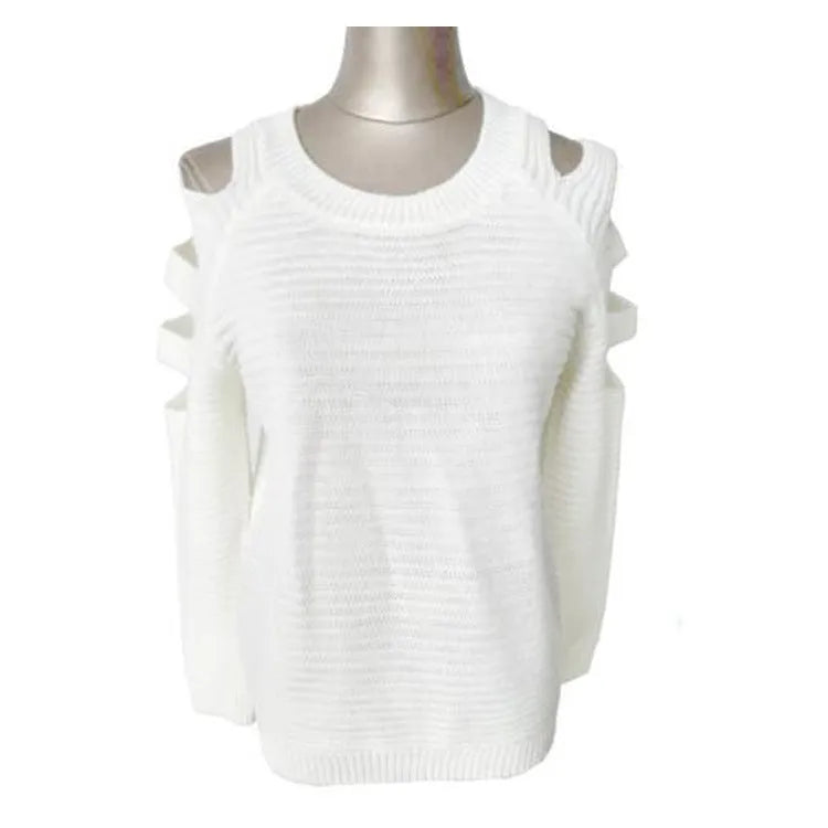 Women's solid grey knitted long sleeve pullover shirt with crocheted hollow-out texture detail.