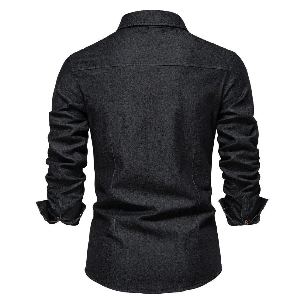 Men's slim fit long sleeve cotton denim shirt in a solid colour on a hanger