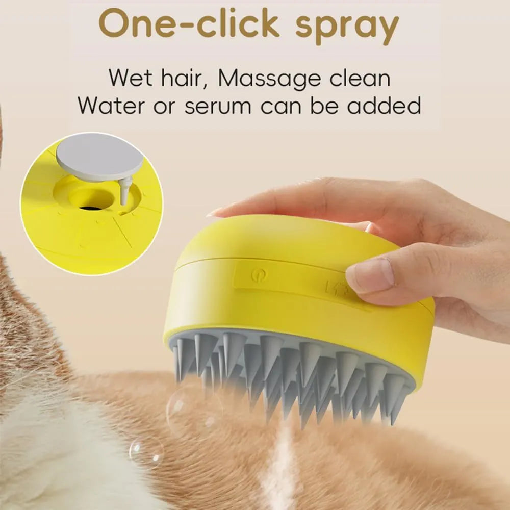 Green and yellow rechargeable cat steam brush with silicone bristles for pet grooming and massage