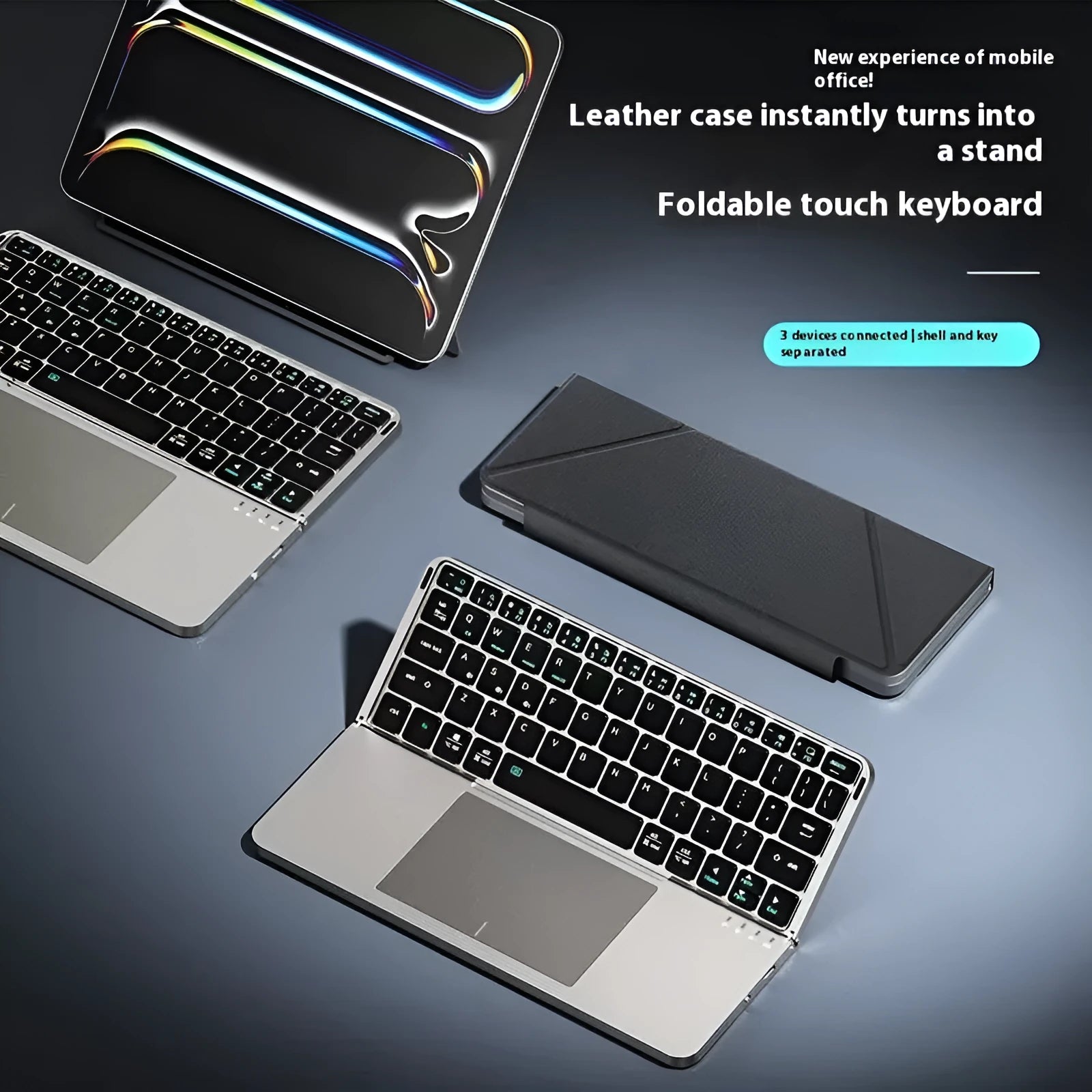 Grey folding wireless Bluetooth keyboard shown in both folded and unfolded positions
