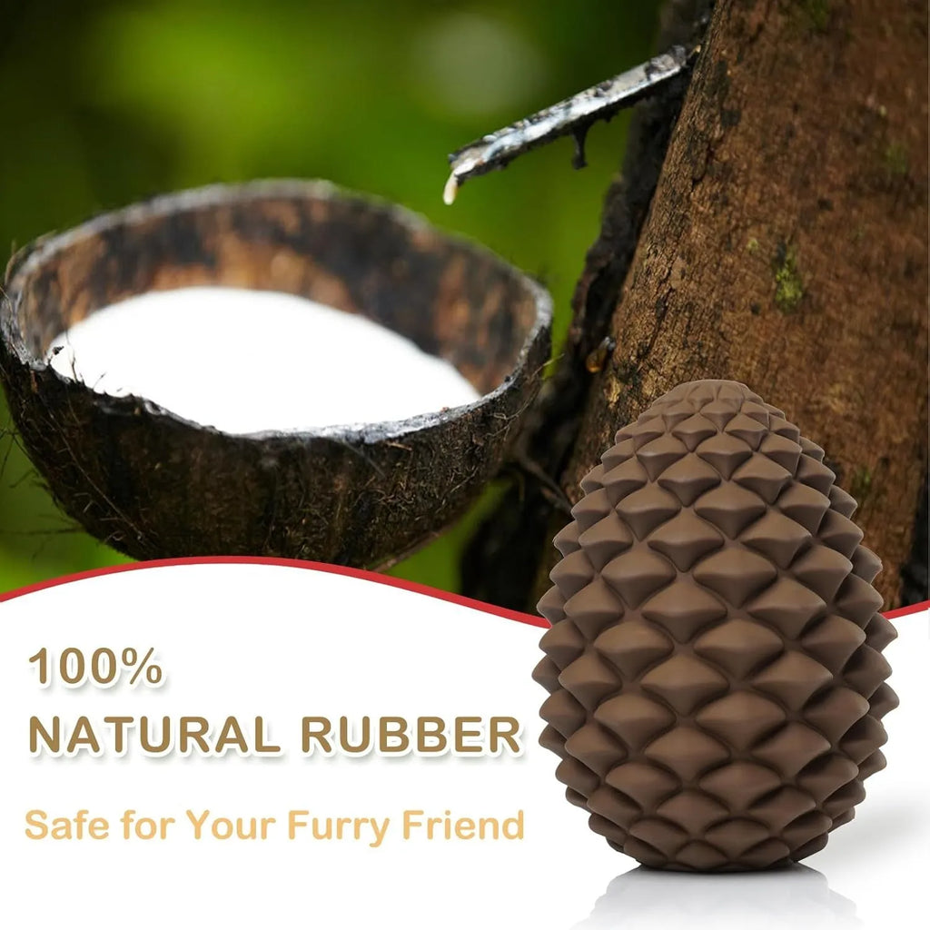 Yellow pine cone shaped natural rubber dog toy with treat dispenser for large dogs