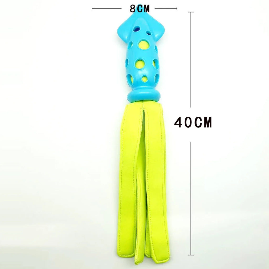 Blue cuttlefish-shaped squeaky dog chew toy, approximately 39cm long, made from rubber and cloth.