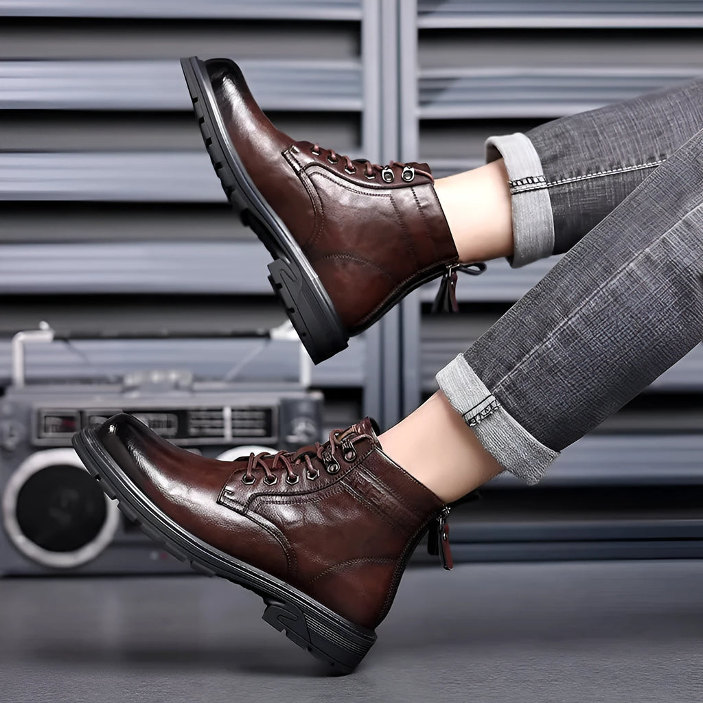 Men's black patent leather work ankle boots with square heel and high cylinder sock design