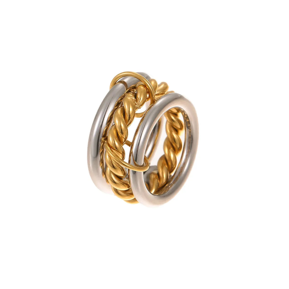 Stacked colour matching stainless steel ring with 18K gold plating and exaggerated personalised design