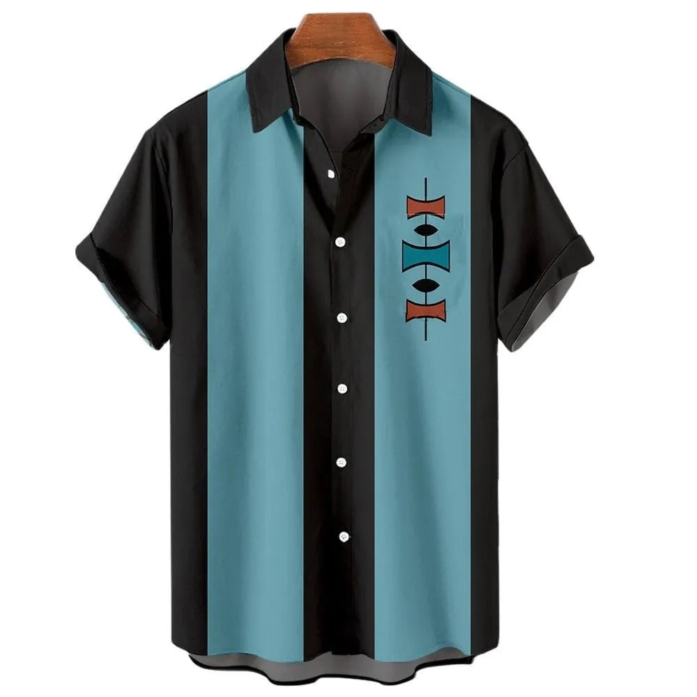 Men's short sleeve striped Hawaiian shirt with cardigan style collar on a mannequin.