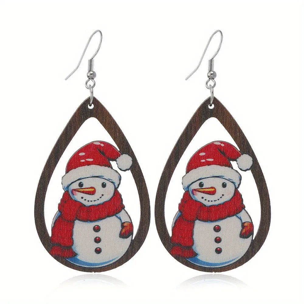 Wooden Christmas earrings with printed tree and snowman designs in festive colours
