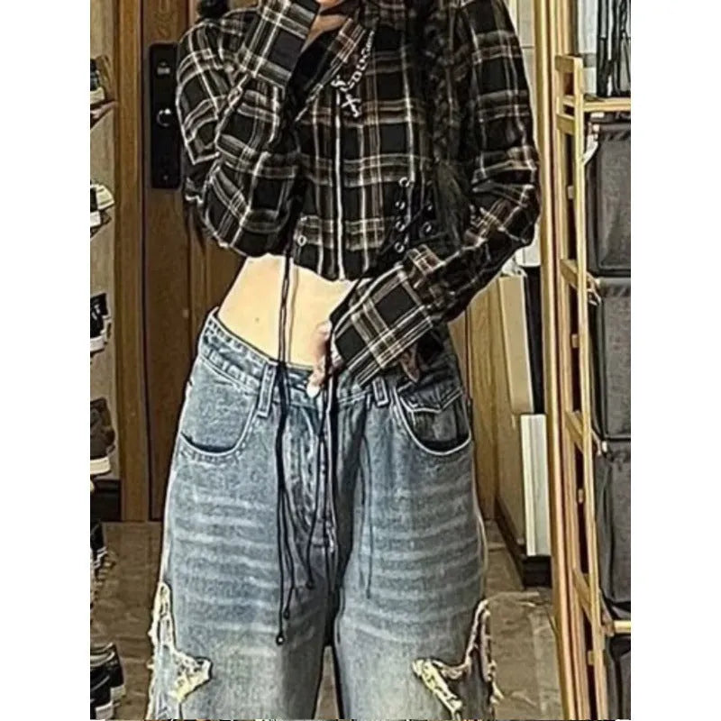 Blue high waist wide leg women's jeans in straight cut cotton denim trousers
