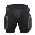 Black cycling hip protection pants shown flat, highlighting the hip pad area and available in sizes S, M, L, XL.