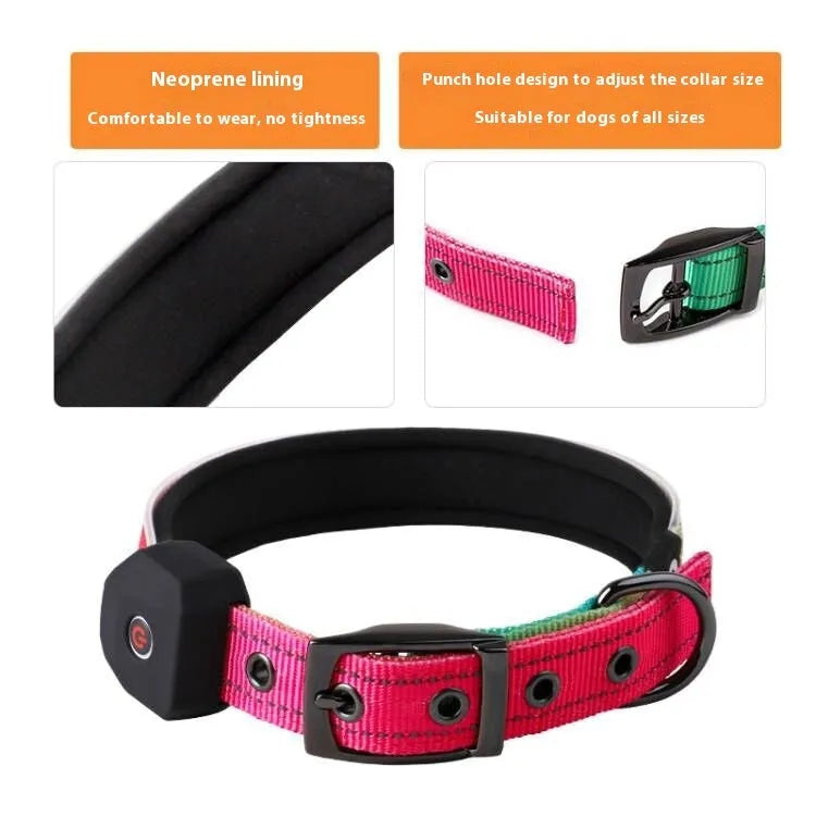 Blue and green plaid LED dog collar with reflective stripe and USB charging port.