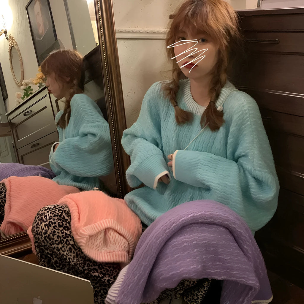 Women's loose retro pullover sweater in lake blue, purple, and pink solid colours