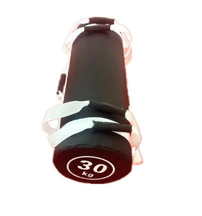 PVC fitness training sandbag in flat white leather finish showing weight specifications from 5kg to 30kg