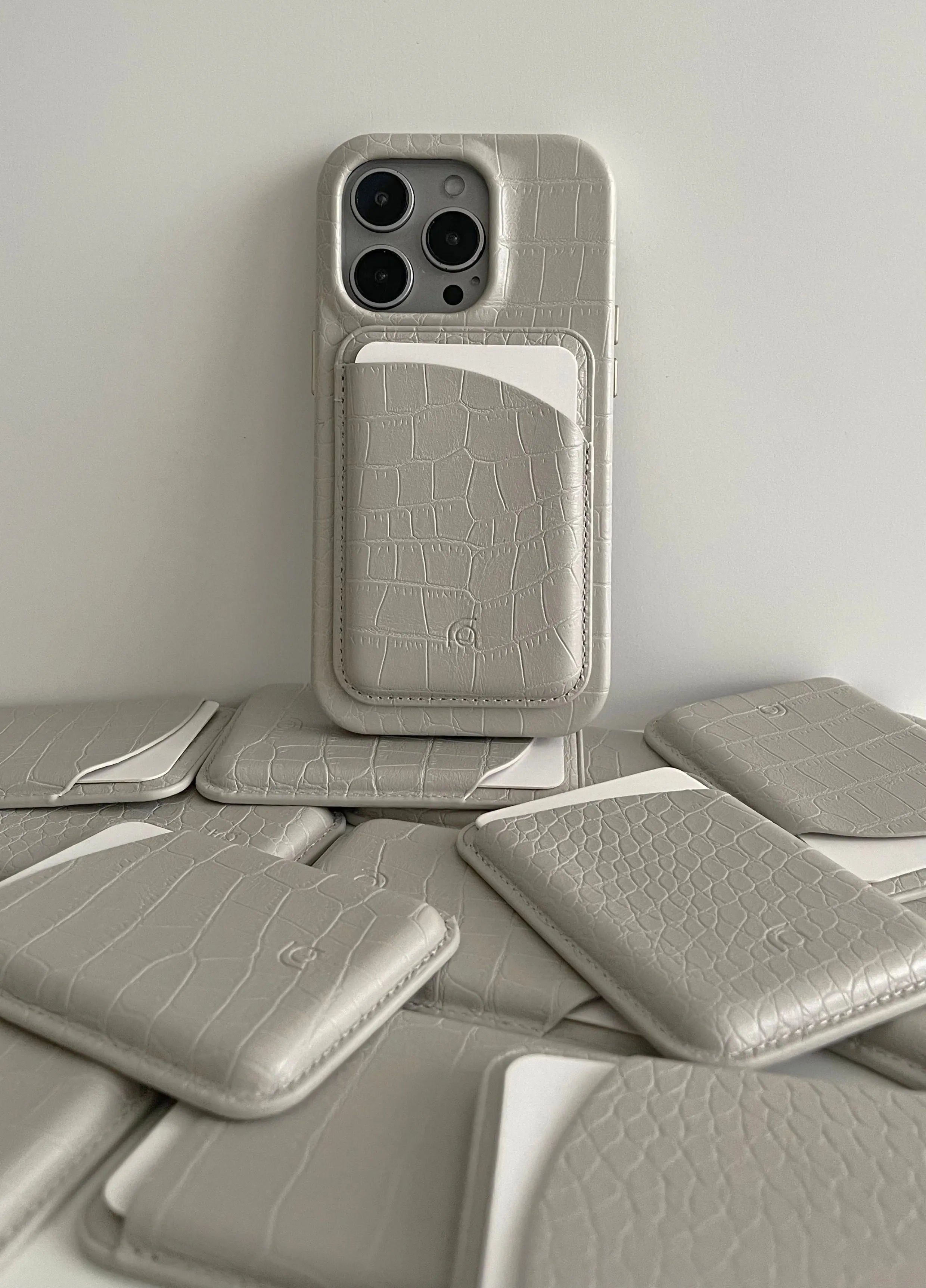 Cream grey patterned faux leather phone case with anti drop protection for iPhone