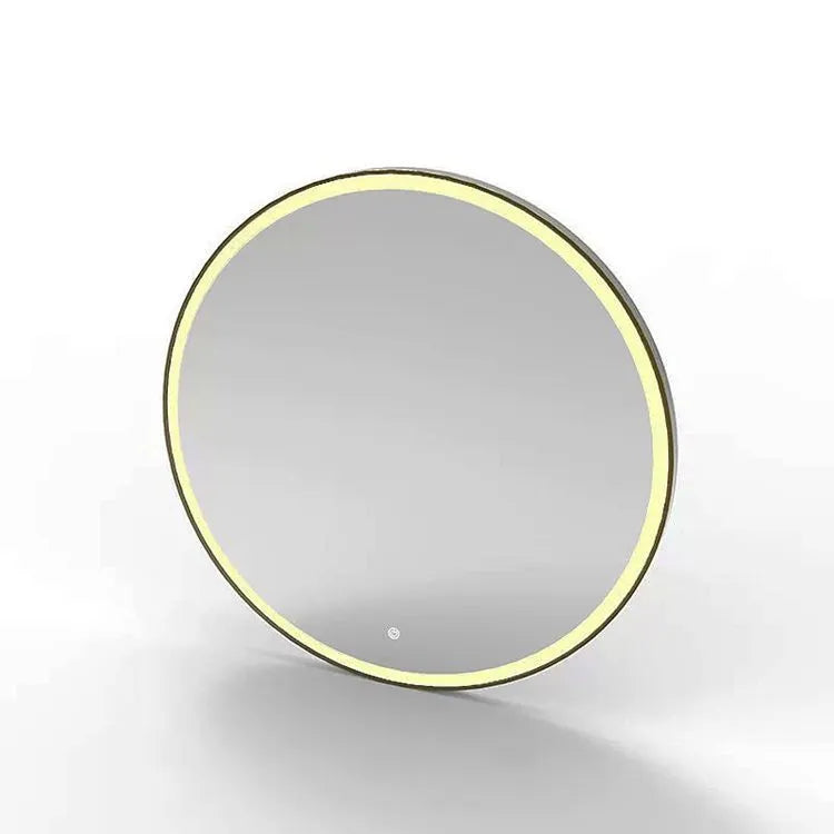 Round wall-mounted LED bathroom mirror with black aluminium alloy frame and touch control.