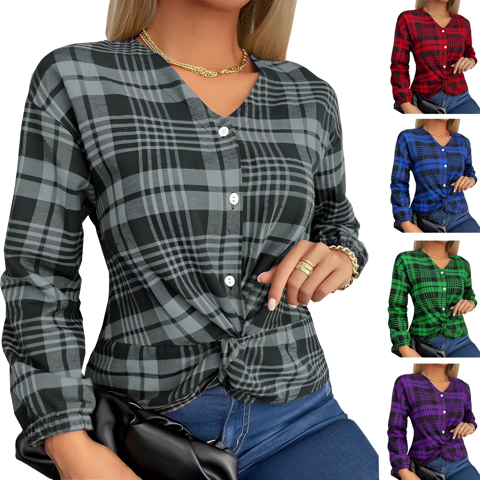 Women's purple, grey, and red loose-fit plaid casual shirt with long sleeves.