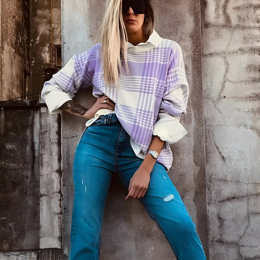 Lilac plaid print loose sweater with ribbed cuffs and long sleeves