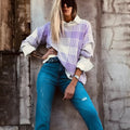 Lilac plaid print loose sweater with ribbed cuffs and long sleeves