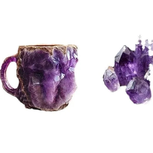 Purple resin mineral crystal coffee mug with handle showing 3D texture and 10cm height