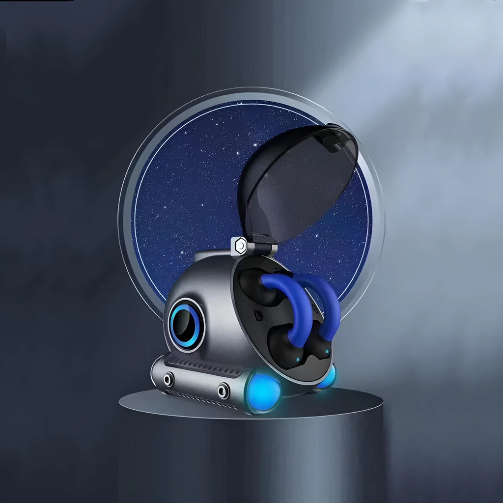 Clip-on wireless Bluetooth sports headset in black showing attachment mechanism and compact design
