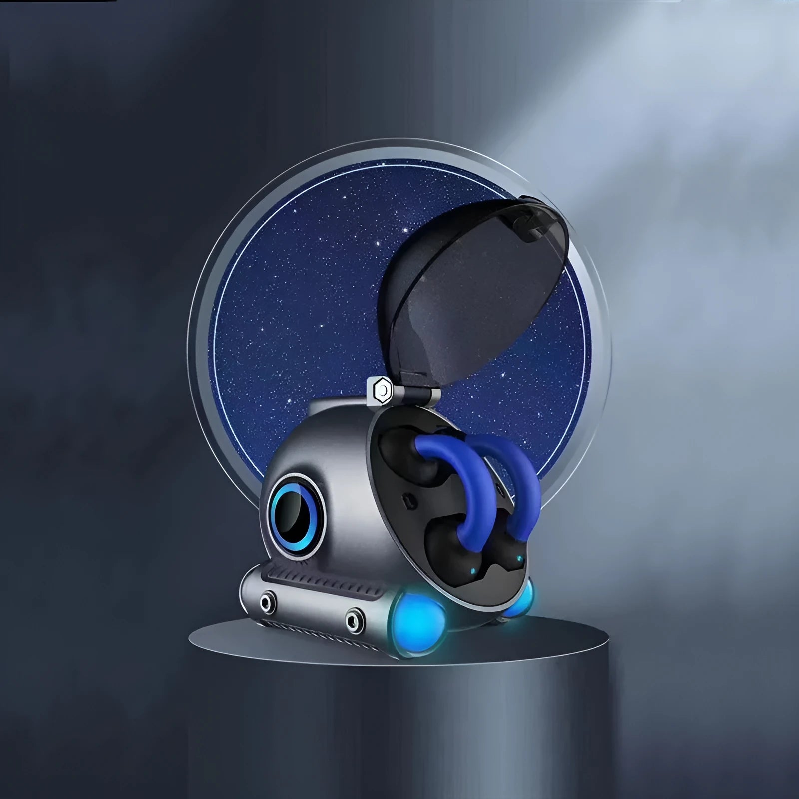 Clip-on wireless Bluetooth sports headset in black showing attachment mechanism and compact design