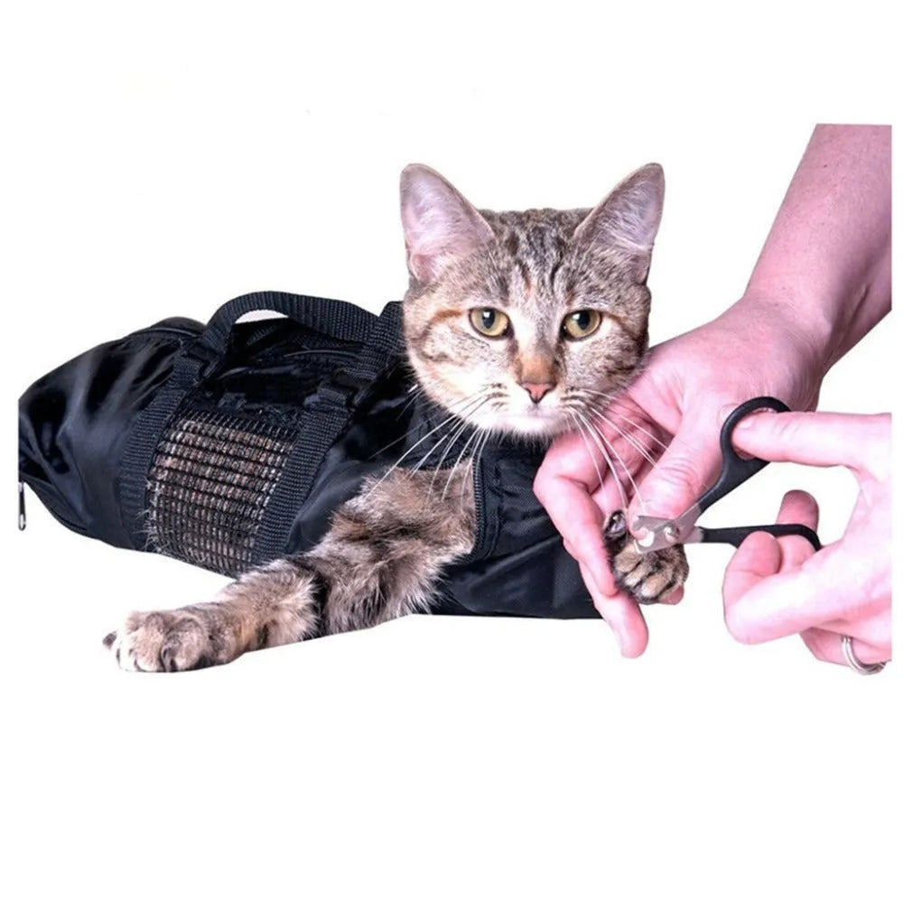 Black cat cleaning and washing bag made from 420D PU Oxford fabric, shown folded and unfolded.
