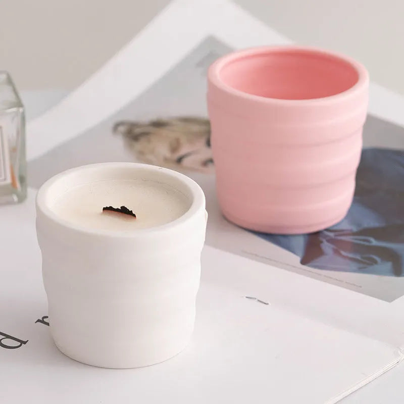 Minimalist relief ceramic candlestick round shape semi-handmade on dining table