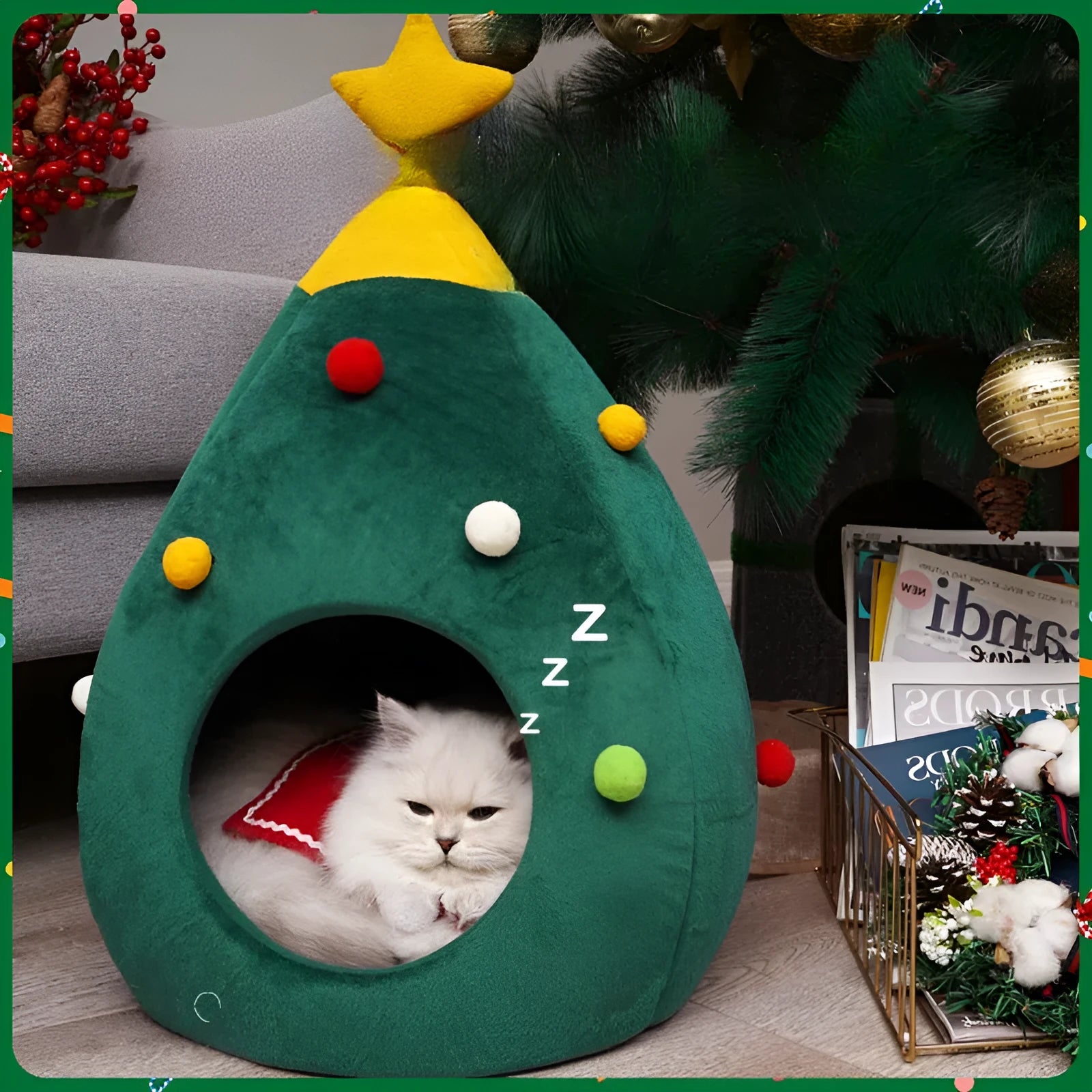 Red Christmas tree shaped plush cave bed for cats and small dogs on a wooden floor.